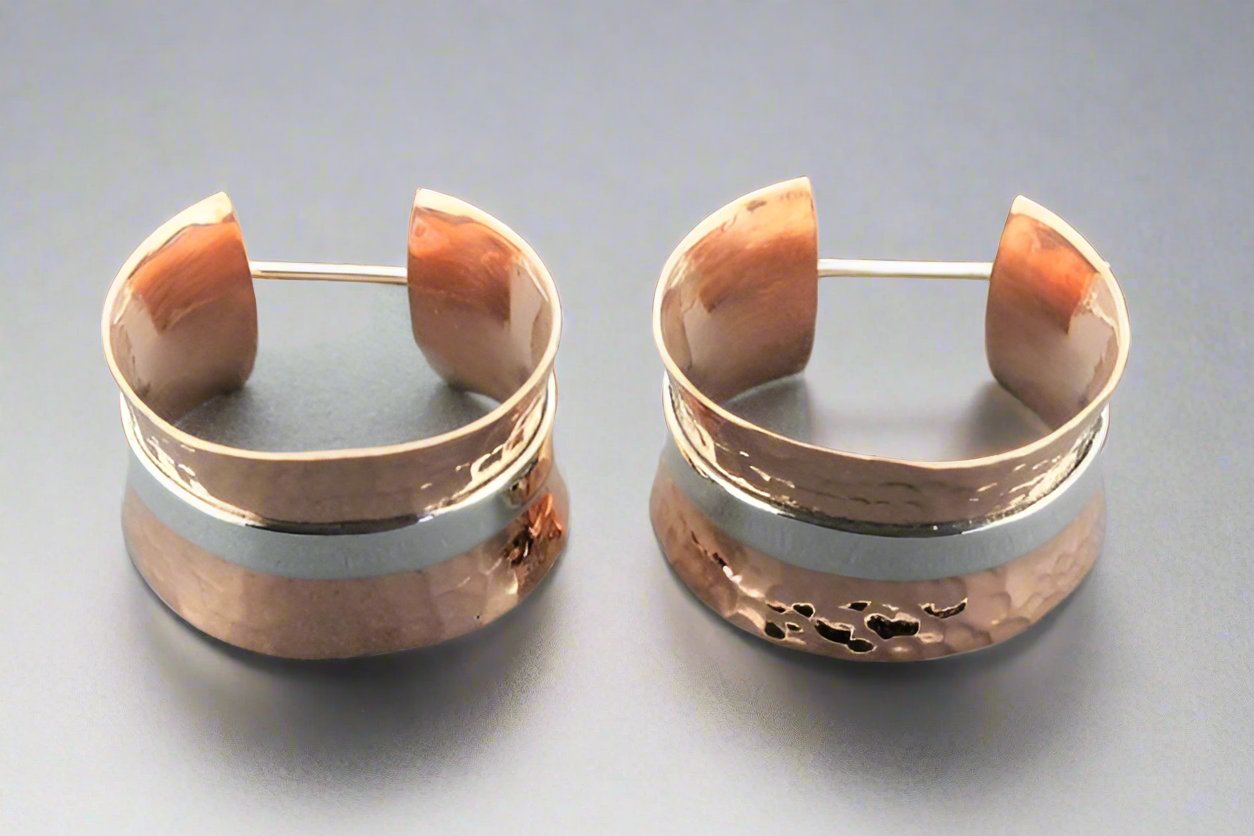 Handmade Concave Hammered Copper Hoop Earrings with Silver Band - Boho Chic Jewelry for Women, Perfect for Casual Wear, Parties & Gifts