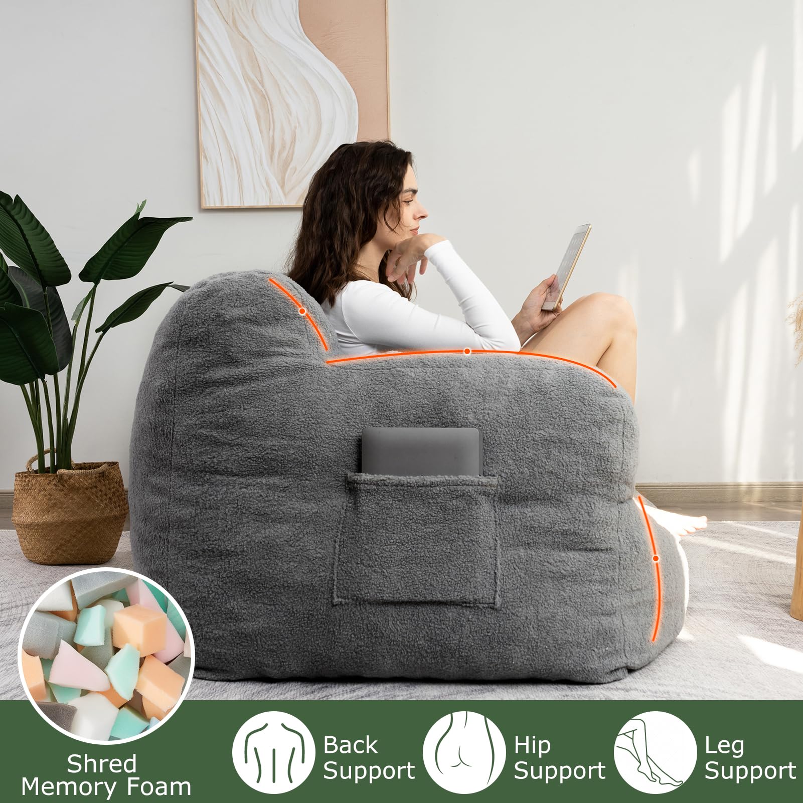 HIGOGOGO Extra Large Bean Bag Chair for Adults - Oversized Comfy Sofa Chair for Bedroom & Living Room - Giant Lazy Bean Bag with Armrest Pockets - Perfect for Gaming, Reading, Movie Nights & Relaxation