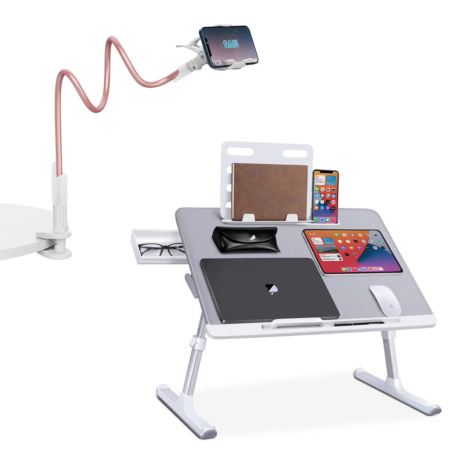 Adjustable Laptop Bed Tray Desk with Gooseneck Phone Holder - Foldable Portable Laptop Stand for Bed, Sofa & Floor Use - Gray X-Large Size + Rose Gold Phone Mount Clip - Perfect for Working, Studying & Relaxing in Bed