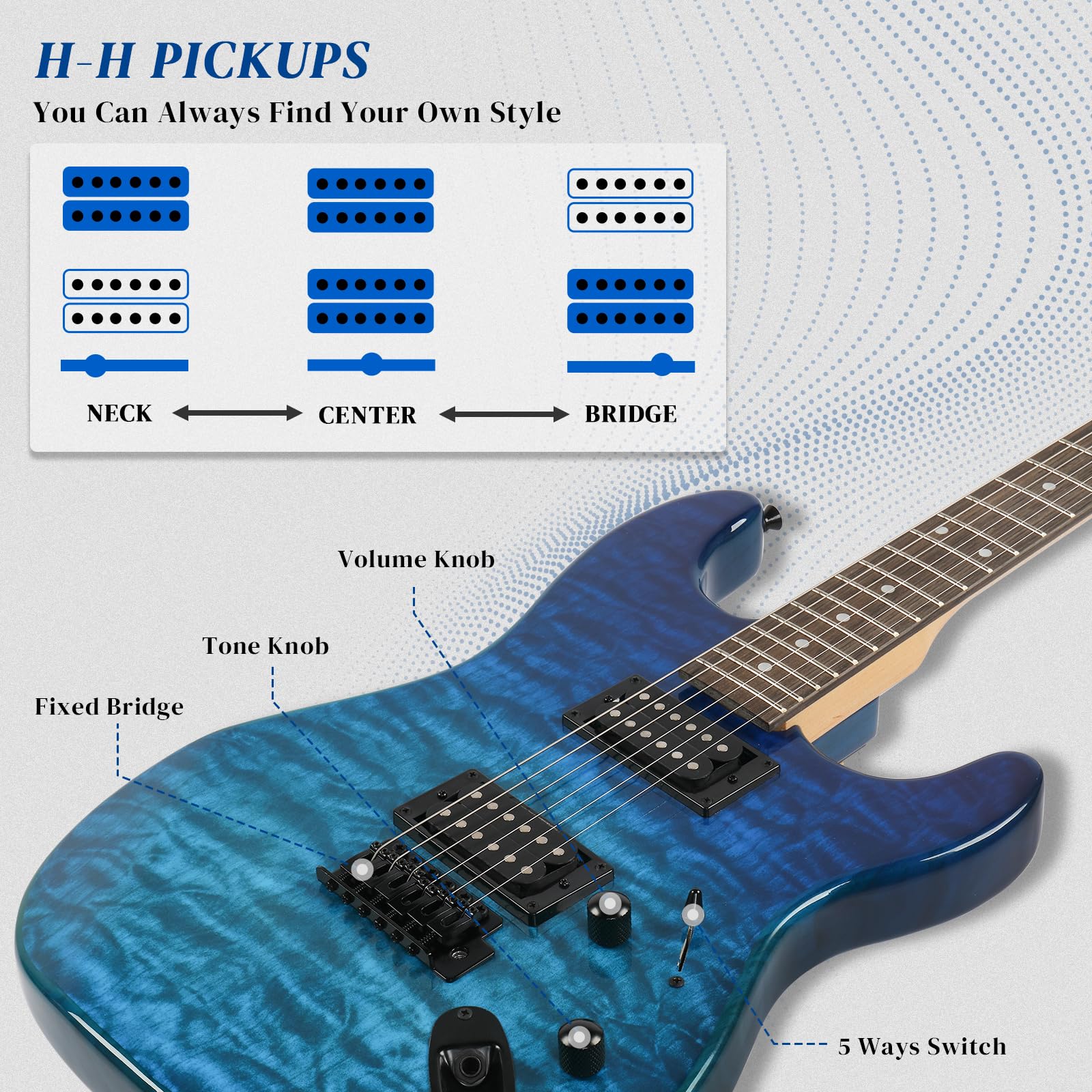 Ktaxon 39 Inch Full Size Electric Guitar with H-H Pickups - 6 String Solid Body Beginner Guitar Kit Includes Upgrade Cable, Capo, Tremolo Arm, Gig Bag & Strap (Ocean Blue) - Perfect for Beginners, Practice, Live Performances & Home Recording