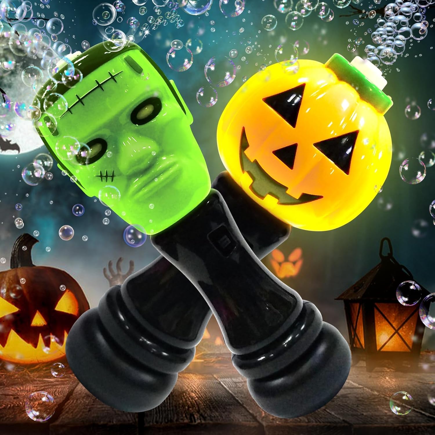 Halloween Bubble Blower Wand - 2 Pack Automatic Light Up Handheld Bubble Machine with Pumpkin & Science Freak Design, Kids Halloween Party Favors & Outdoor Play Toys for Trick-or-Treating, Backyard Parties & Festive Celebrations
