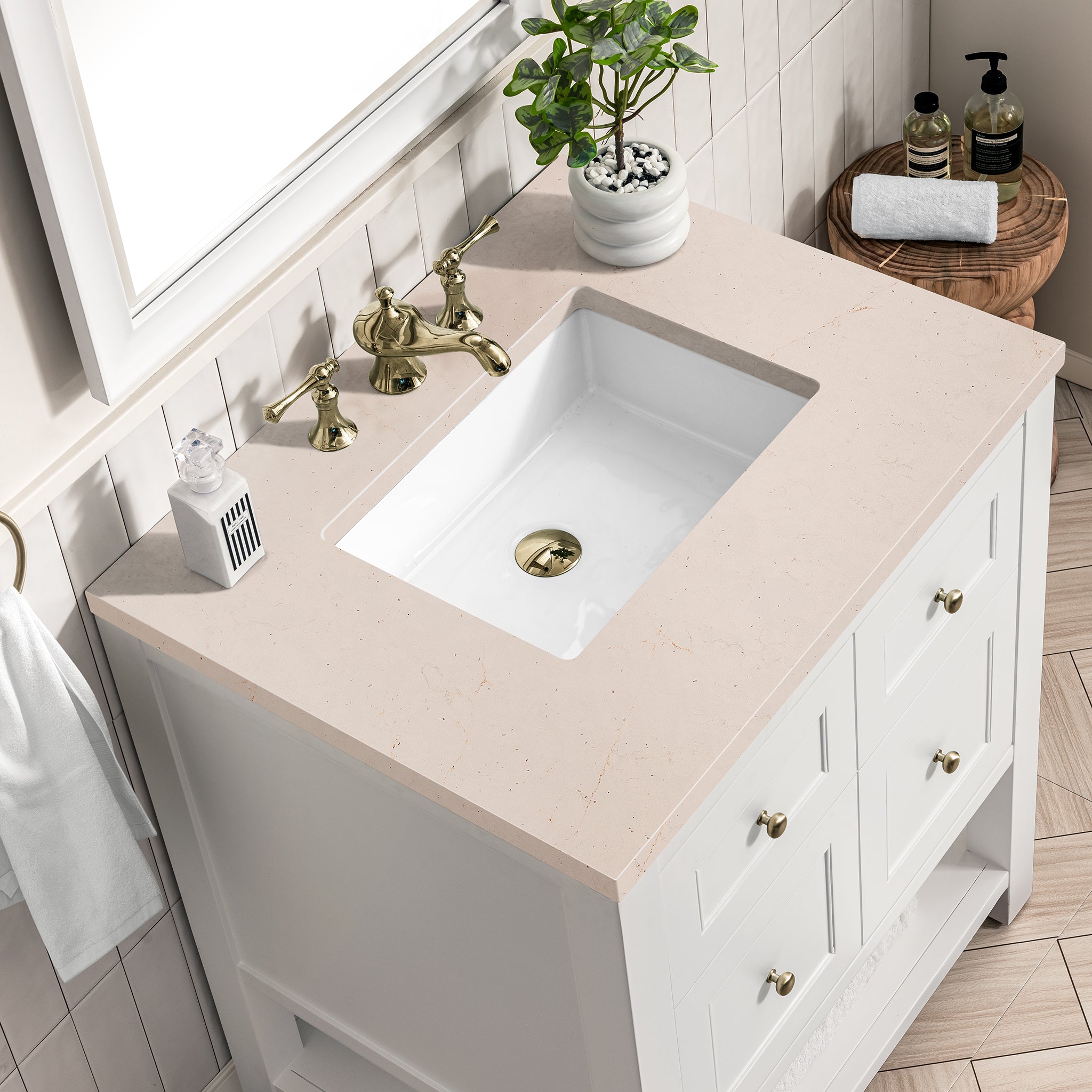 Breckenridge 30 Inch Single Bathroom Vanity Set with Bright White Finish & 3CM Eternal Marfil Stone Top - Perfect for Modern Master Bathrooms and Guest Bath Remodels