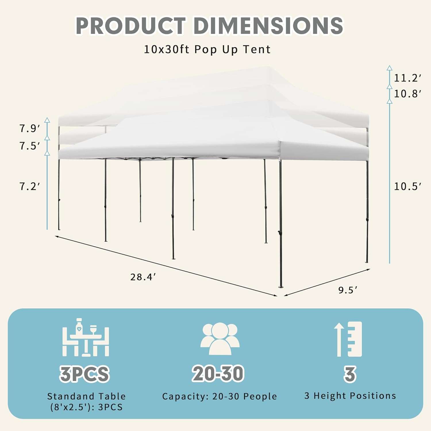 EROMMY 10x30 Pop Up Canopy Tent - Instant Shelter for Outdoor Events, Camping, Beach, Picnics & Backyard Parties - Waterproof & UV Protection
