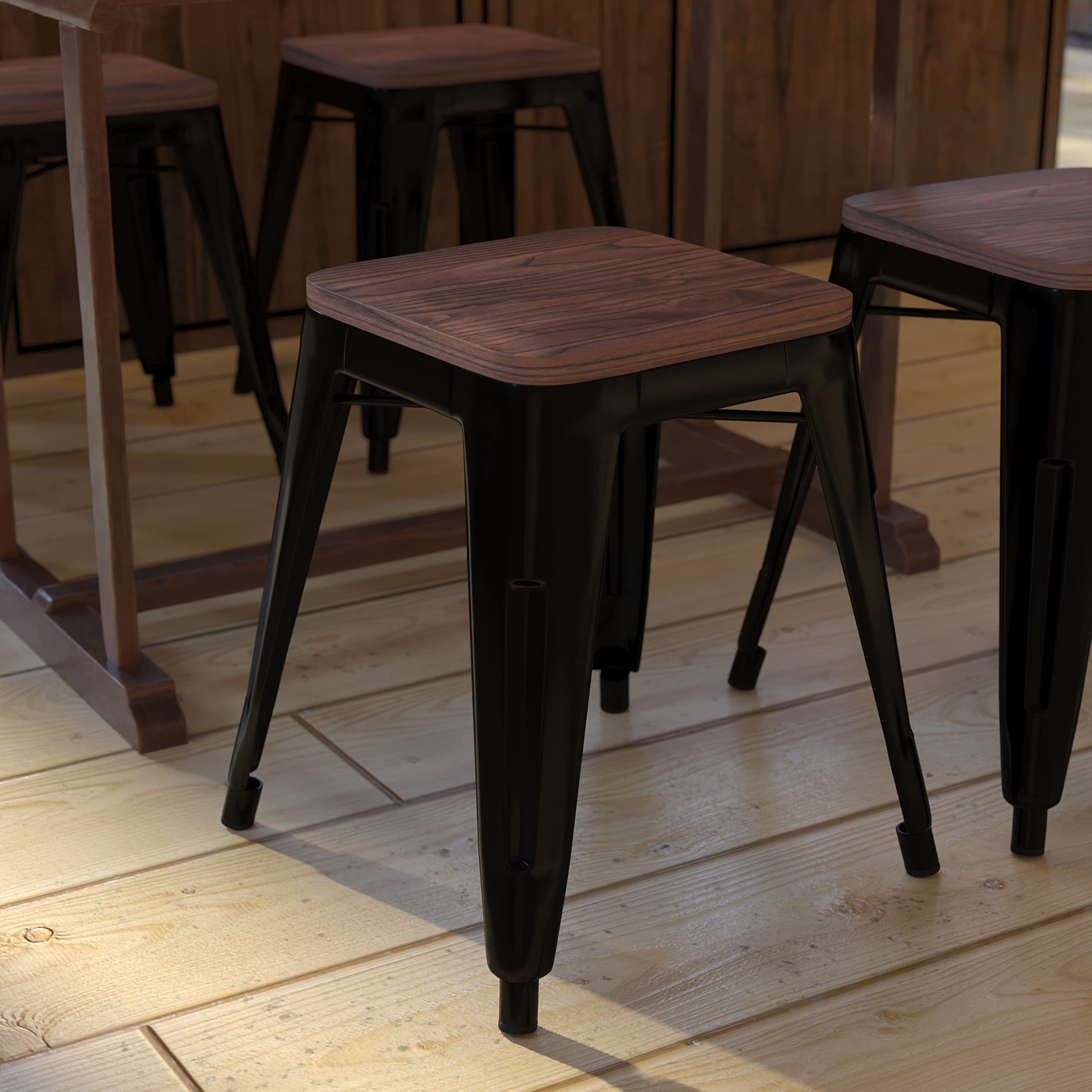 Commercial Grade Black Metal Dining Stools with Wooden Seat - Set of 4 Backless 18