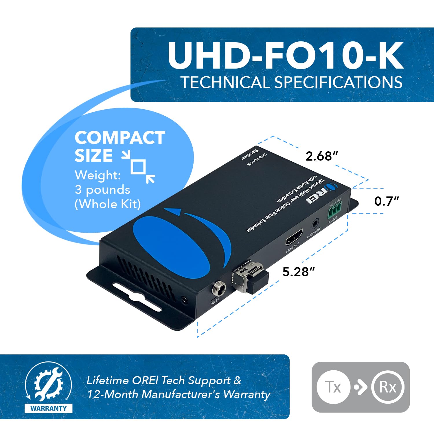 OREI 4K HDMI Over Fiber Optic Extender - Up to 10Km Range with Audio Extraction, Bi-Directional IR & RS-232 Control (UHD-FO10-K) - Perfect for Home Theater, Conference Rooms & Long-Distance AV Setups