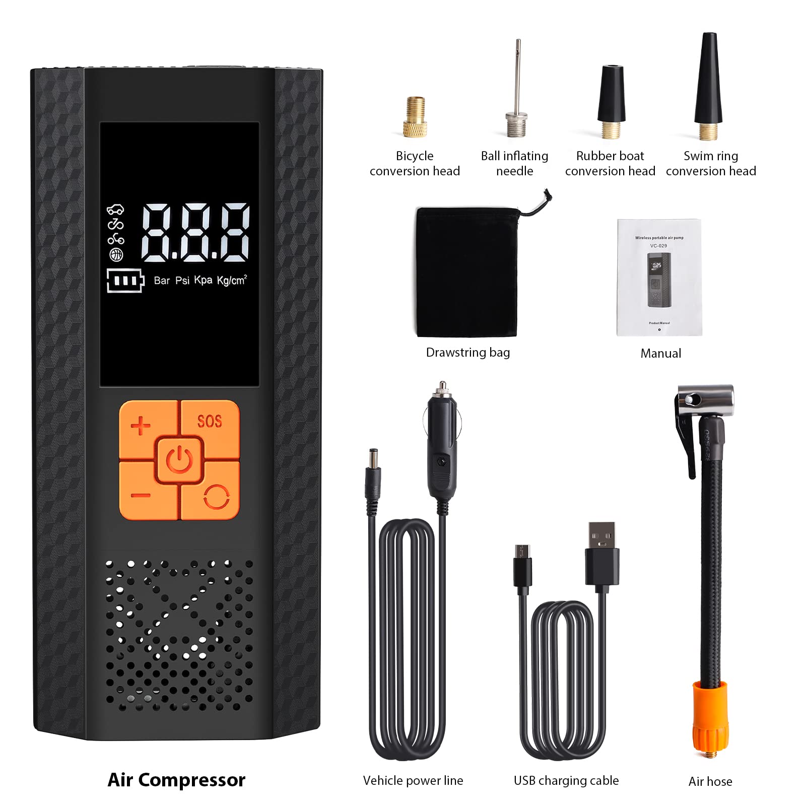 Portable Air Compressor for Car Tires - 150PSI Electric Tire Inflator with LED Light - Universal Air Pump for Motorcycle, E-Bike & Bicycle - Perfect for Road Trips, Emergency Flat Tires & Home Garage Use