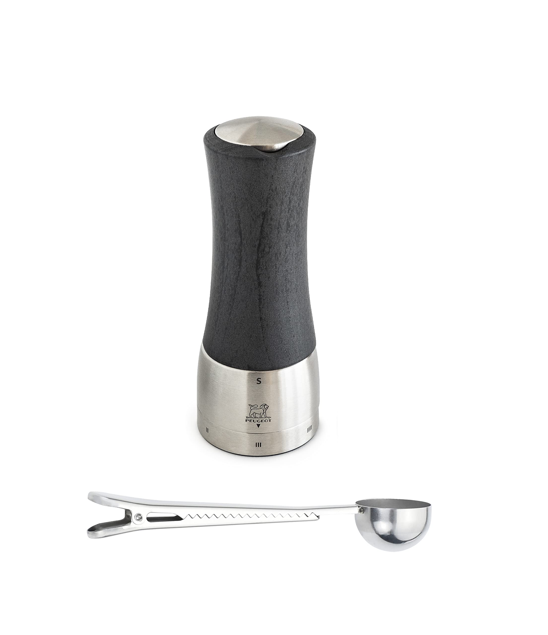 Peugeot Madras u'Select Adjustable Manual Salt Mill Grinder - Stainless Steel & Beechwood, Graphite - Includes Spice Scoop & Clip - Perfect for Kitchen, Dining Table & Gourmet Cooking Gifts