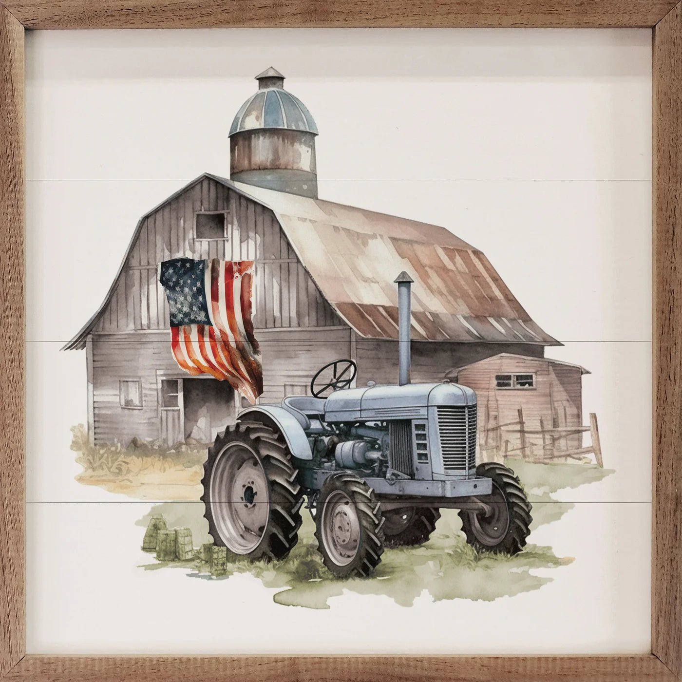 American Flag Barn Tractor Wood Framed Print - Rustic Farmhouse Wall Art Decor for Living Room, Office & Country Home