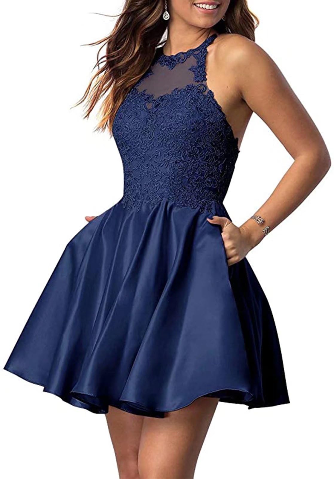 Elegant Satin Halter Cocktail Dress with Lace Applique & Pockets | Women's Short Prom & Homecoming Dress for Teens | Perfect for Parties, Dances & Special Occasions
