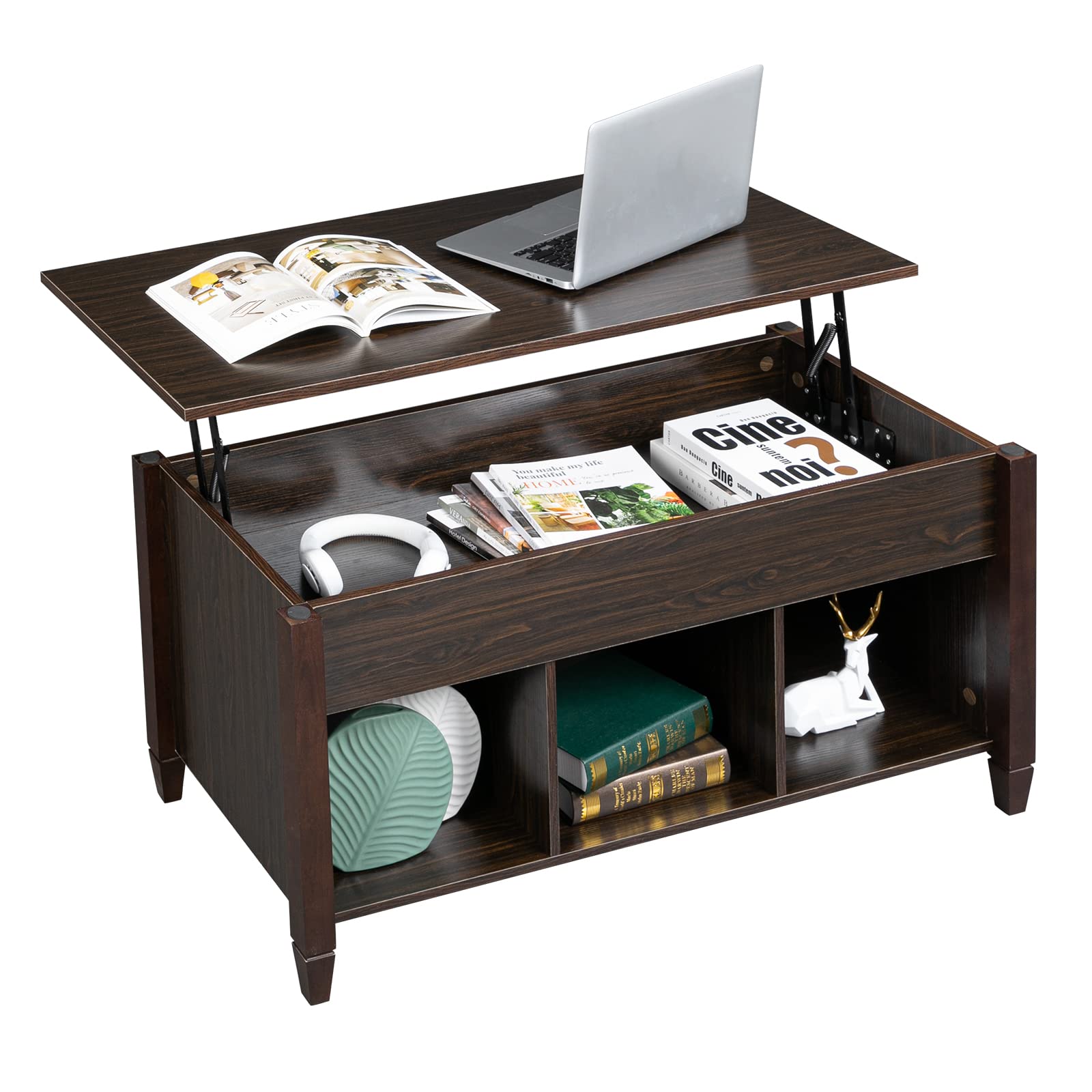 Lift Top Coffee Table with Hidden Storage - Modern Adjustable Wooden Center Table with 3 Cube Open Shelves, Raisable Top for Living Room, Bedroom, Office - Espresso Brown