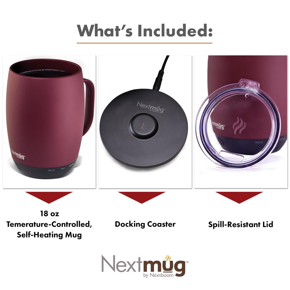 Nextmug Plus - Smart Temperature-Controlled Self-Heating Coffee Mug with App Control (18oz, Burgundy) - Perfect for Office, Travel & Home Use
