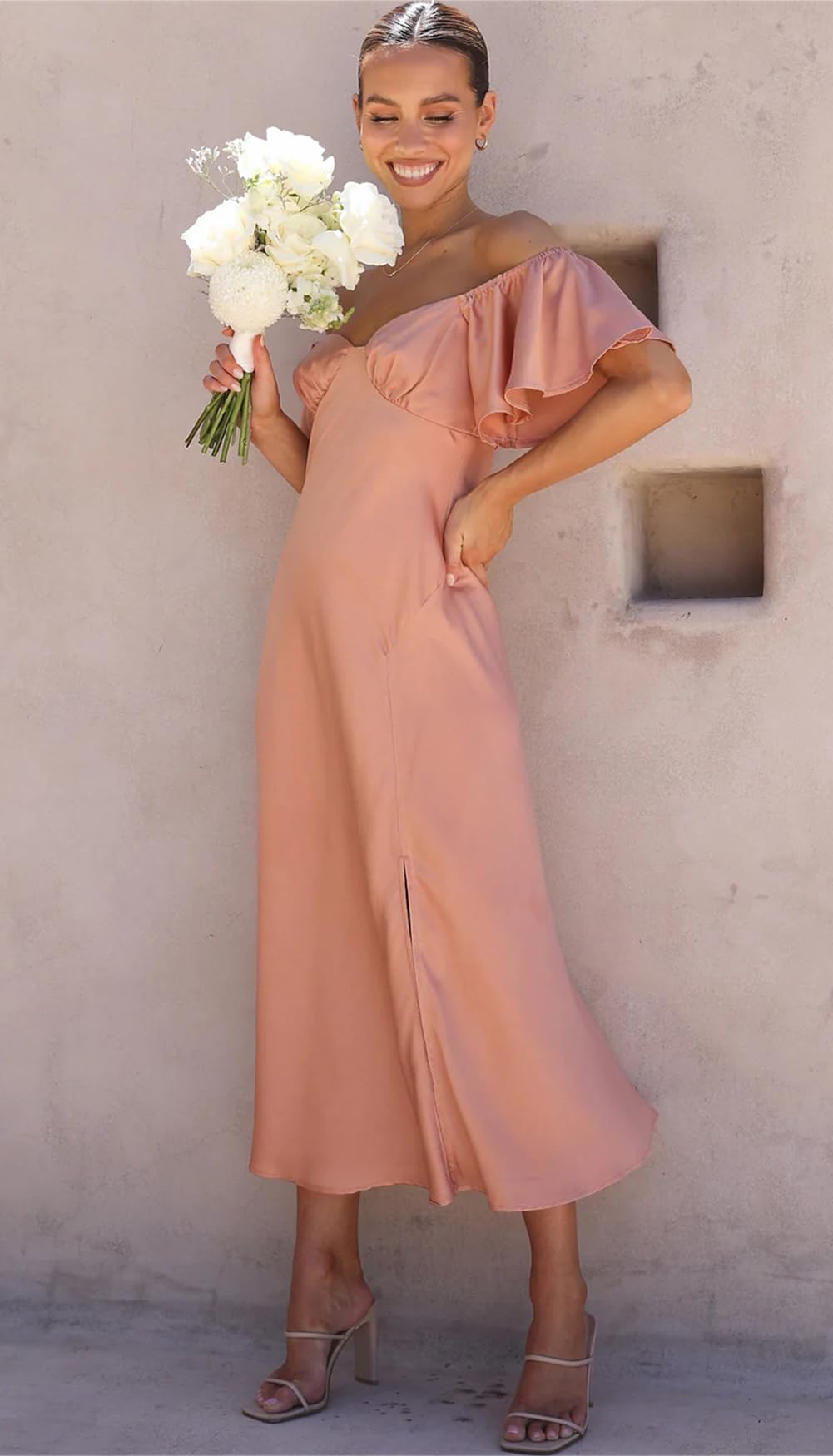 2025 Summer Women's Satin Off Shoulder Formal Dress - Elegant Butterfly Sleeve Wedding Guest & Cocktail Party Midi Dress with Side Split | Perfect for Prom, Evening Gala, Bridesmaid & Special Occasions