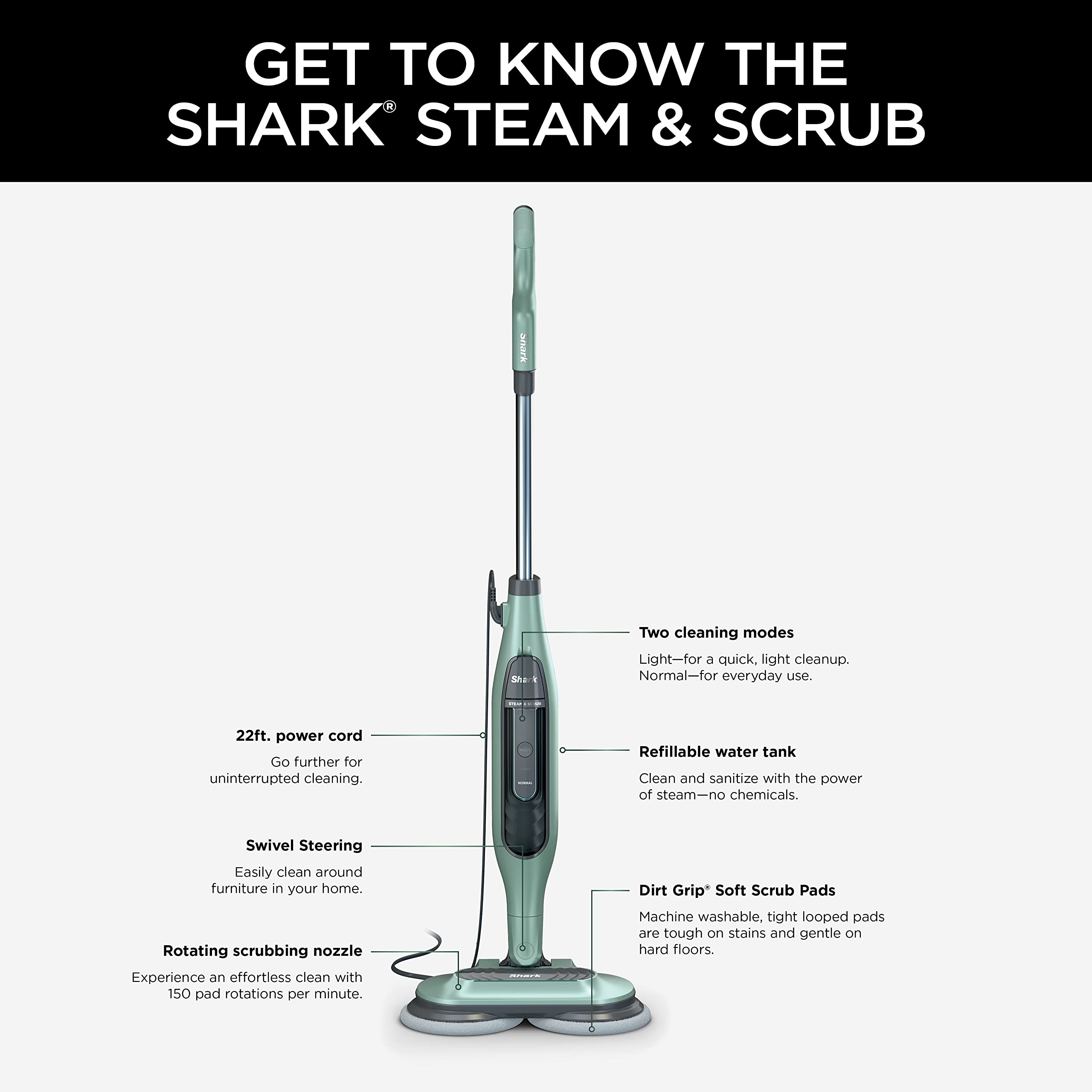 Shark S7000C All-in-One Steam Mop with Scrubbing & Sanitizing for Hard Floors - Sage Green (Canadian Version) | Perfect for Tile, Wood & Laminate Cleaning | Kitchen, Bathroom & Living Room Use