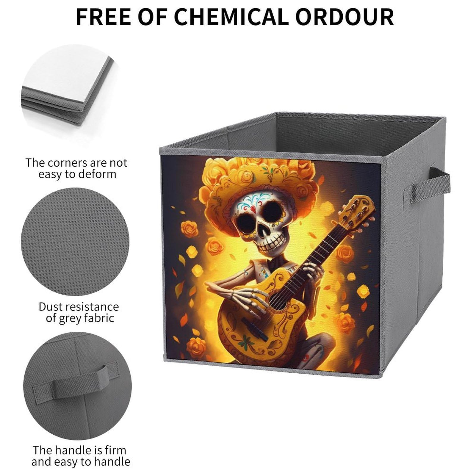 Funny Skull Playing Guitar Yellow Flower Foldable Storage Cube Organizer with Handles - Square Storage Basket for Home, Office & Kids Room Organization (1 Pack) - Perfect for Toys, Books & Clothes Storage