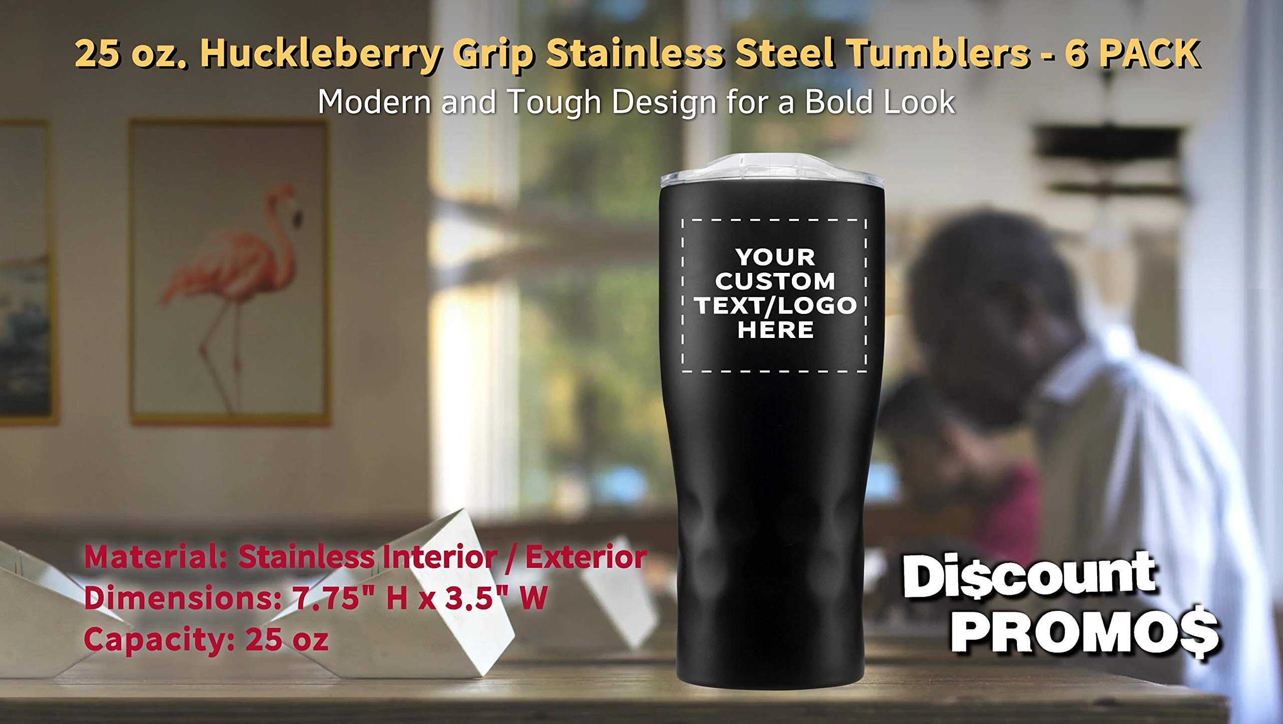 Personalized 25 oz Stainless Steel Tumblers with Huckleberry Grip - 6 Pack Custom Engraved Cups for Name, Logo - Black Insulated Travel Mug for Coffee, Tea, Camping & Office Use
