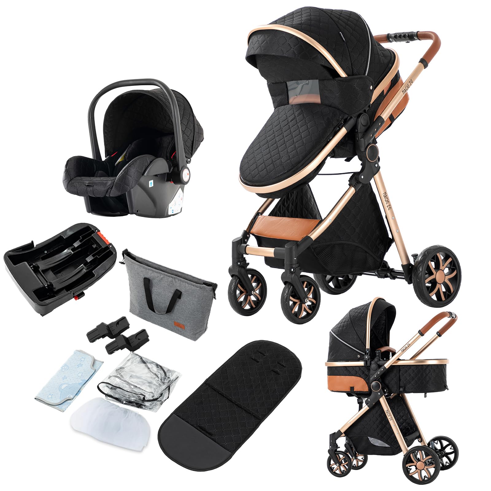 3 in 1 Baby Travel System - Reversible Stroller with Luxury High Landscape Pram, Foldable & Portable Standard Pushchair for Newborn to Toddler (Black Gold) | Perfect for Shopping, Travel & Daily Walks