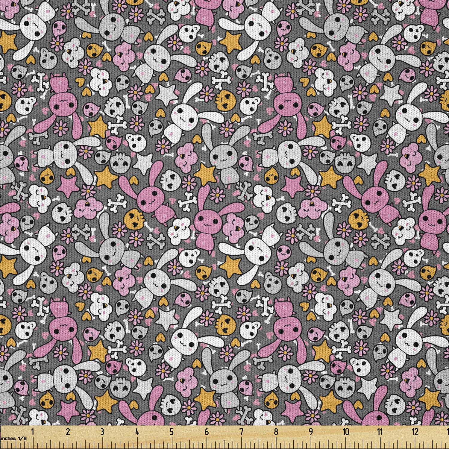 Ambesonne Cartoon Fabric by The Yard - Kawaii Bunnies with Clouds & Heart-Eyed Skulls Japanese Anime Print | Soft Microfiber Material for DIY Arts & Crafts, Sewing Projects, Home Decor | 10 Yards Multicolor Fabric for Bedding, Curtains & Upholstery