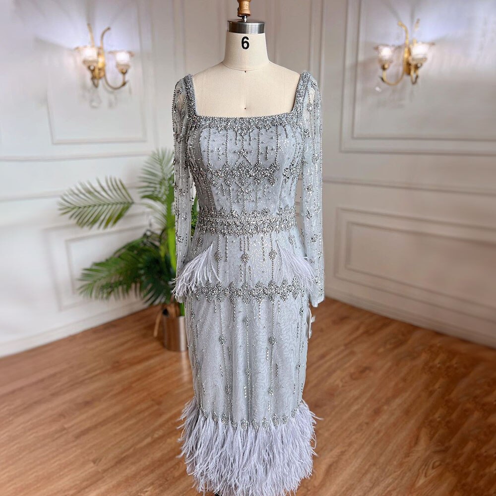 Elegant Grey Mermaid Evening Dress with Beading & Feather Details - Sexy High-Leg Split Formal Gown for Women | Perfect for Prom, Cocktail Parties & Special Occasions