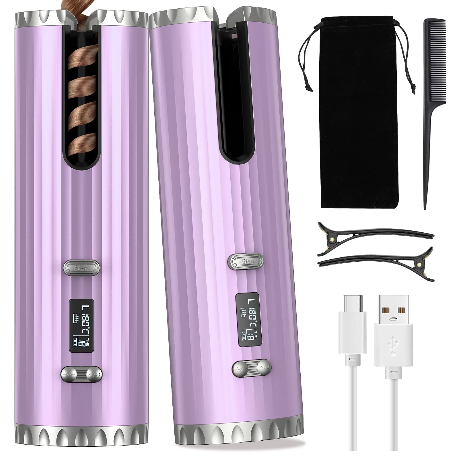 Cordless Curling Iron - Automatic Hair Curler with LCD Temperature Display & Timer, 6 Adjustable Heat Settings, Fast Heating Ceramic Barrel, USB Rechargeable for Wavy Curls | Perfect for Travel, Home Use & Salon Styling