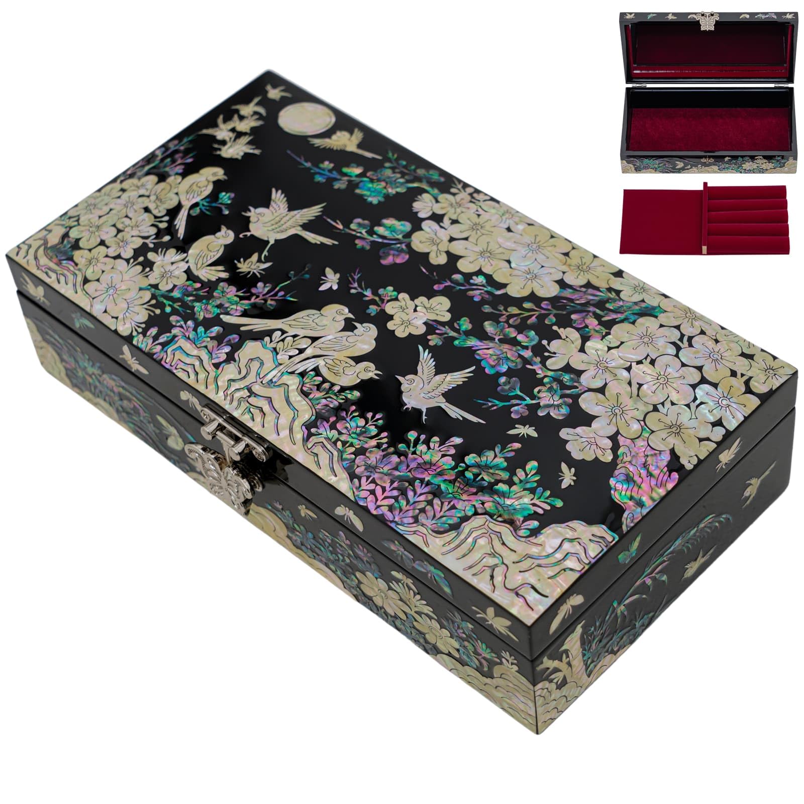 February Mountain Mother of Pearl Jewelry Box with Removable Ring Tray - Elegant Gift for Women, Birthday, Wedding, Christmas - Perfect for Jewelry Storage & Display in Bedroom or Vanity