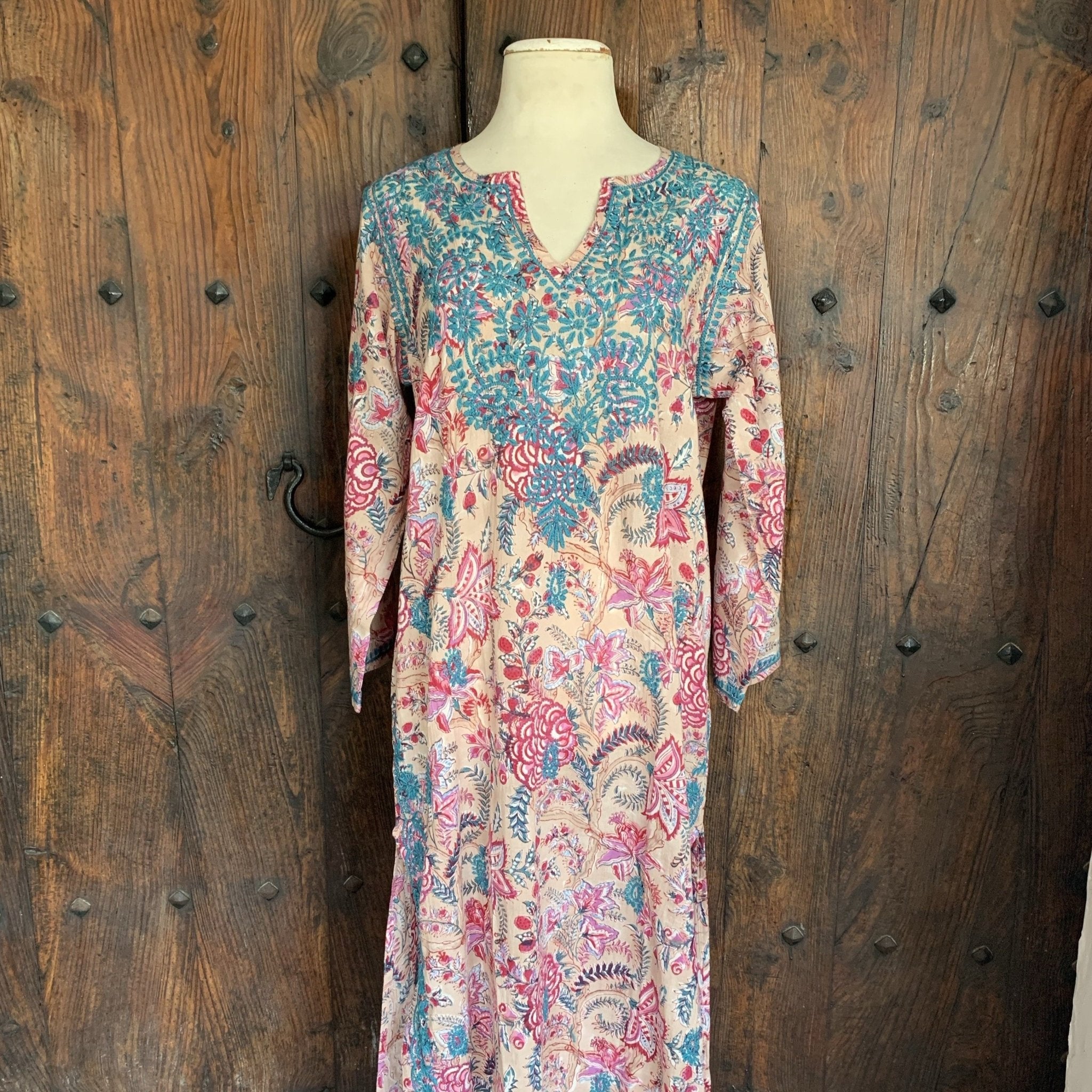 Handmade Turquoise Maxi Kurta - 100% Muslin Cotton with Traditional Block Printing - Perfect for Festivals, Weddings & Boho Fashion