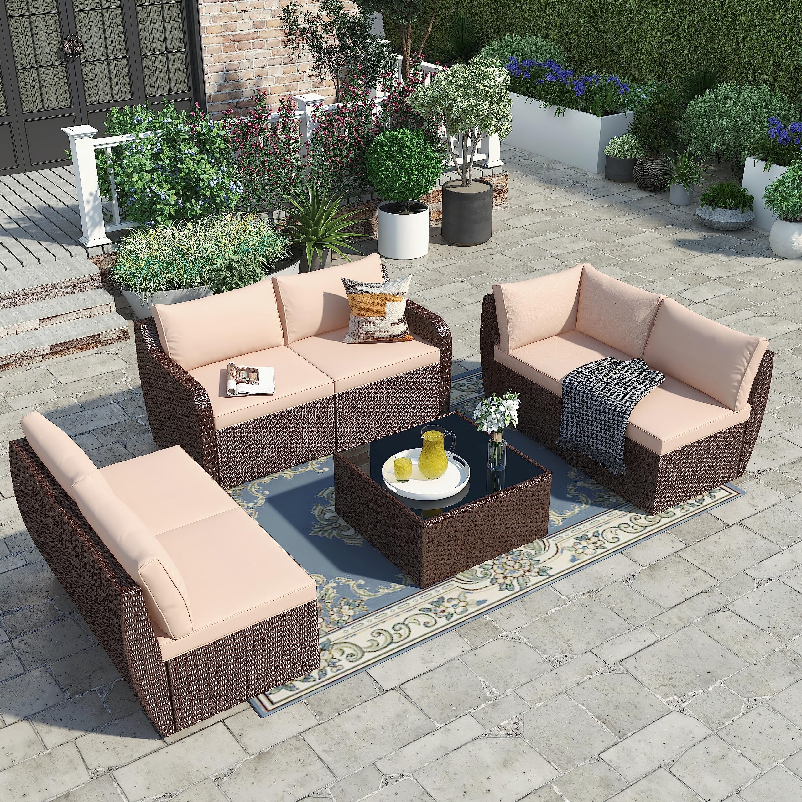Vicluke 7-Piece PE Rattan Patio Furniture Set - Outdoor Wicker Sectional Sofa with Cushions & Glass Table - High Back Garden Conversation Set for Backyard, Deck, Poolside (Khaki)