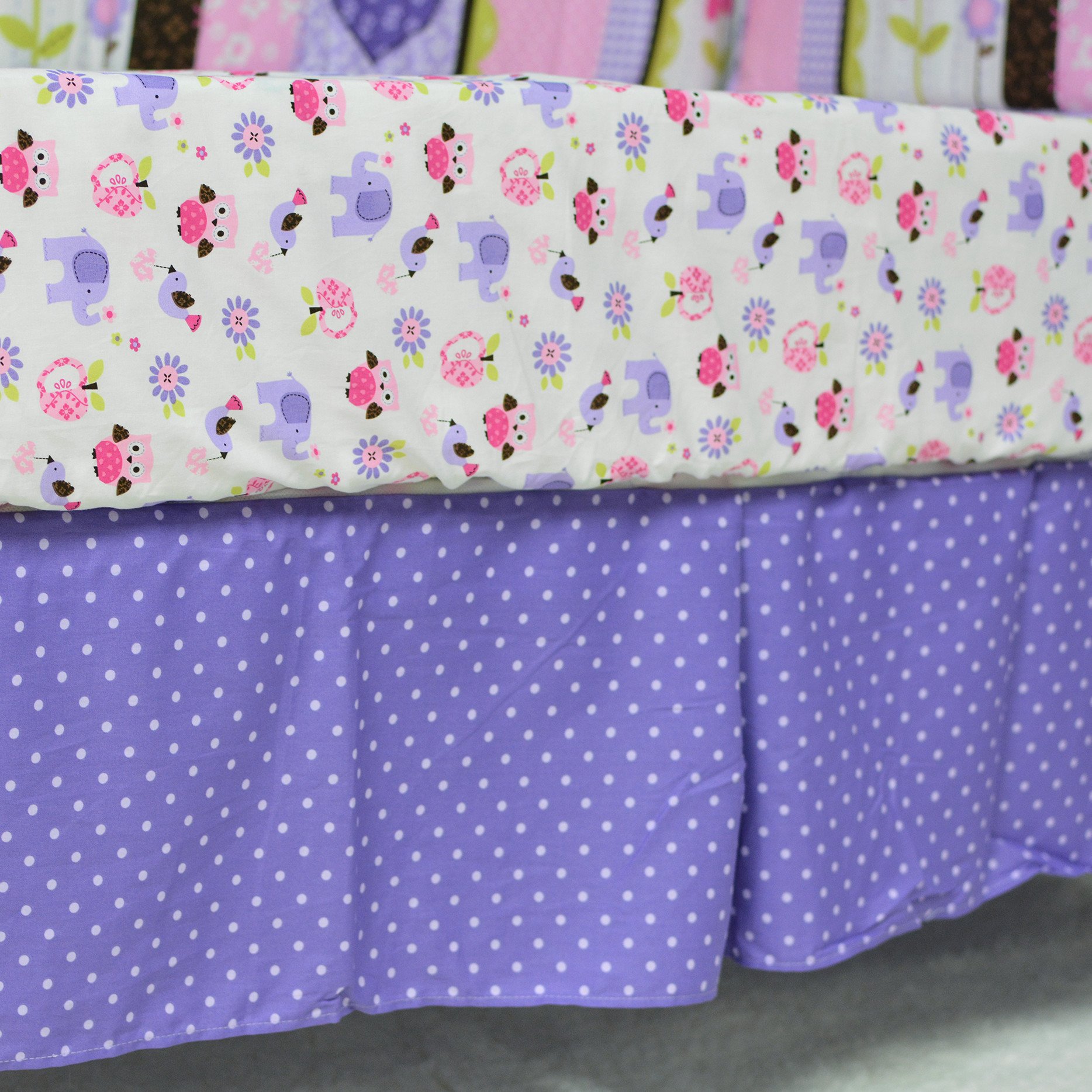 Brandream 3-Piece Purple Cotton Crib Bedding Set for Baby Girls - Floral Patchwork with Elephant & Owl Design, Ruffled Trim, Breathable & Healthy Nursery Bedding | Perfect for Princess-Themed Rooms, Baby Showers & Newborn Gifts