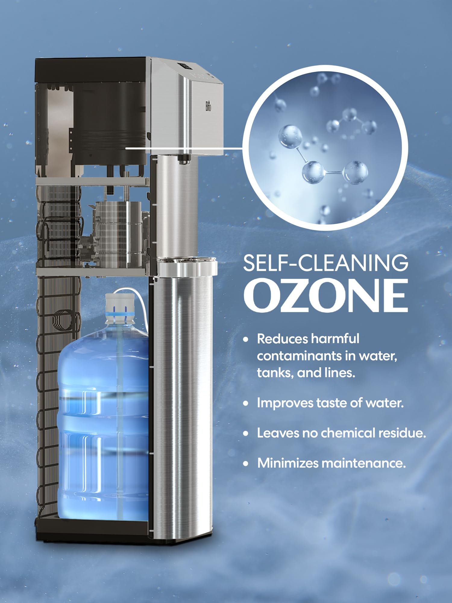 Brio Moderna Bottom Load Water Cooler Dispenser - 3 Temperature Settings, Adjustable Hot & Cold Water, Self-Cleaning Function, Touch-Free Dispensing, Child Safety Lock, Compatible with 3 & 5 Gallon Bottles, Digital Display with LED Light - Perfect for Home, Office, and Kitchen Use