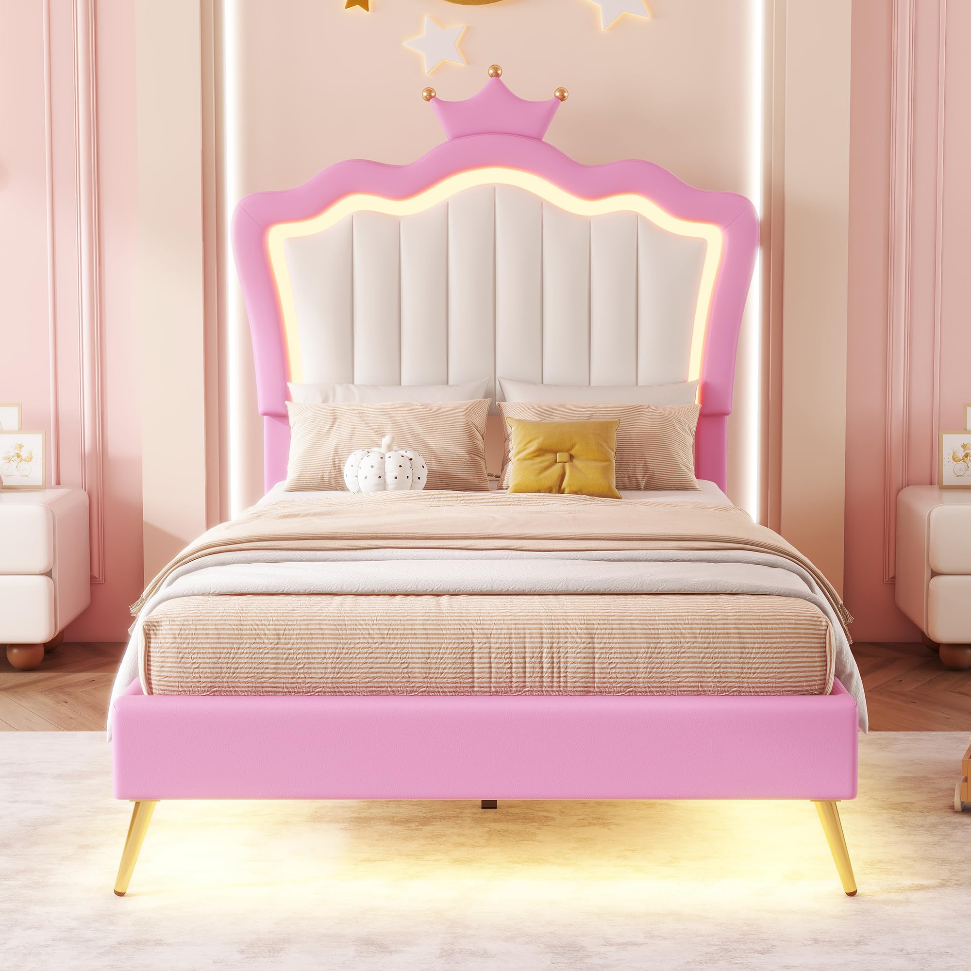 Linique Twin Size Upholstered LED Bed Frame with Crown Headboard - Modern Princess Bed in Pink & White | Perfect for Girls' Bedroom, Teen Room Decor & Fairy Tale Themed Spaces