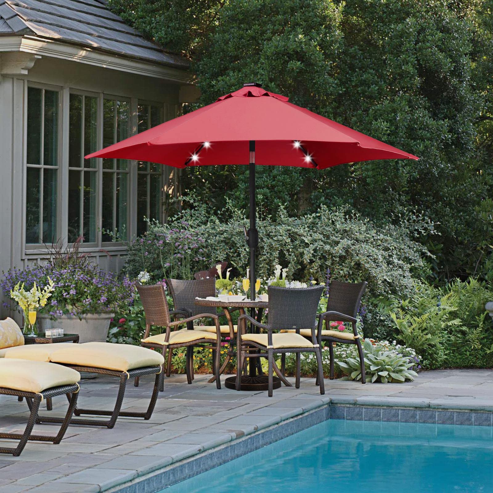 Yaheetech 7.5/9/10FT Solar LED Patio Umbrella - Waterproof Outdoor Market Umbrella with 26.5lb Heavy Duty Base for Garden, Lawn, Deck, Backyard & Pool - Perfect for Outdoor Dining, Lounging and Shade Protection