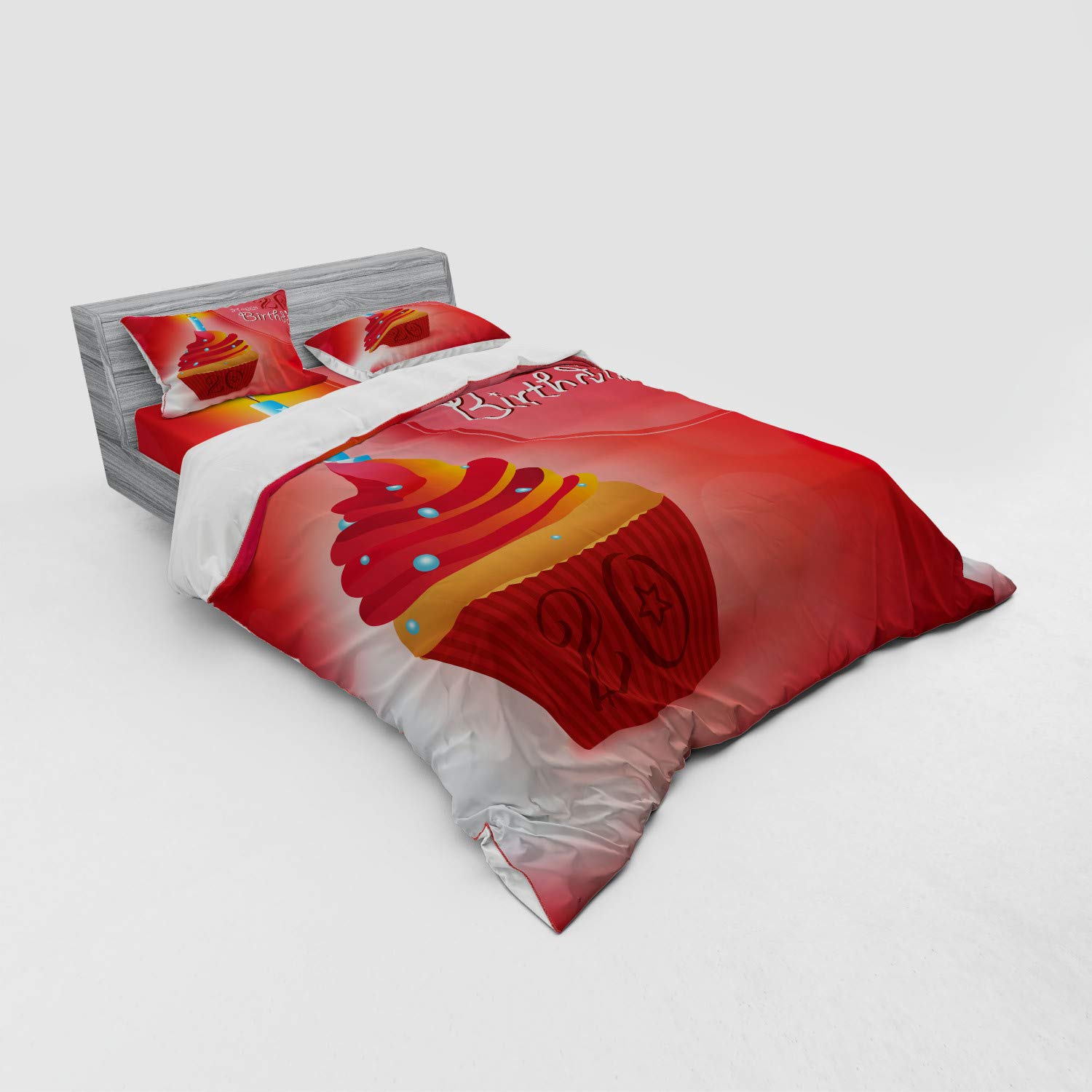 Ambesonne 20th Birthday Duvet Cover Set - 4 Piece Queen Size Bedding with Cupcake & Beams Print in Vermilion Pink & Red - Includes Shams & Fitted Sheet - Perfect for Birthday Party Decorations & Teen Bedroom Makeover