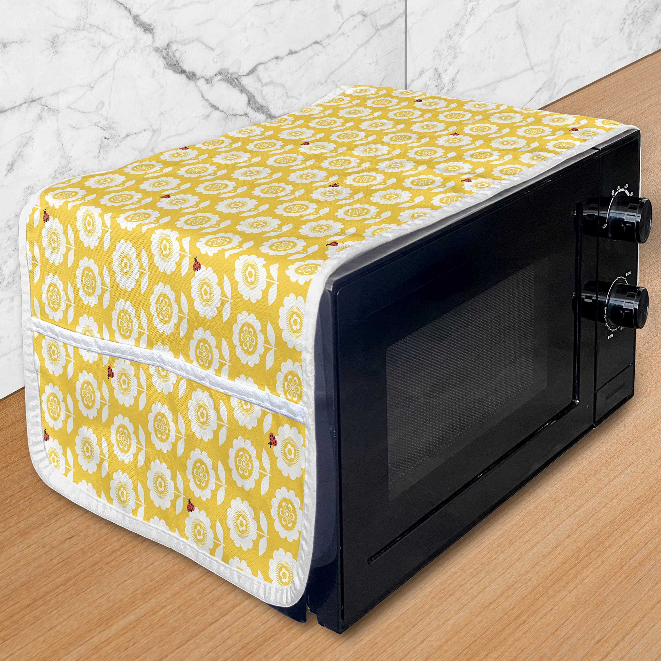 Ambesonne Floral Microwave Cover - Waterproof Kitchen Organizer with Pockets, Scandinavian Ladybug & Flower Design, 36