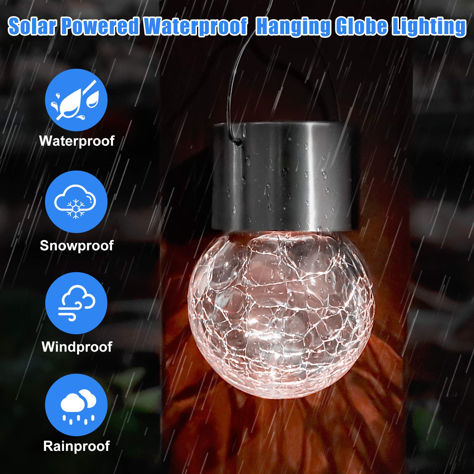 12 Pack Solar Powered Outdoor Hanging Lights - Waterproof Crackle Glass Ball String Lights with Hooks for Garden, Patio, Balcony & Christmas Decor (Daylight White) | Perfect for Backyard Parties, Wedding Decorations & Holiday Lighting