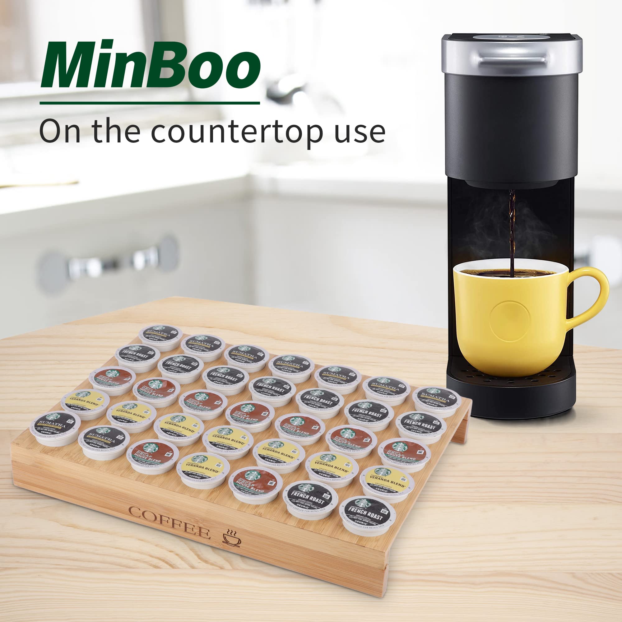 MinBoo Bamboo K-Cup Holder Drawer & Countertop Organizer - Holds 35 Coffee Pods - Compact K-Cup Storage for Coffee Station, Office & Kitchen - Perfect for Keurig Machine & Coffee Bar Organization