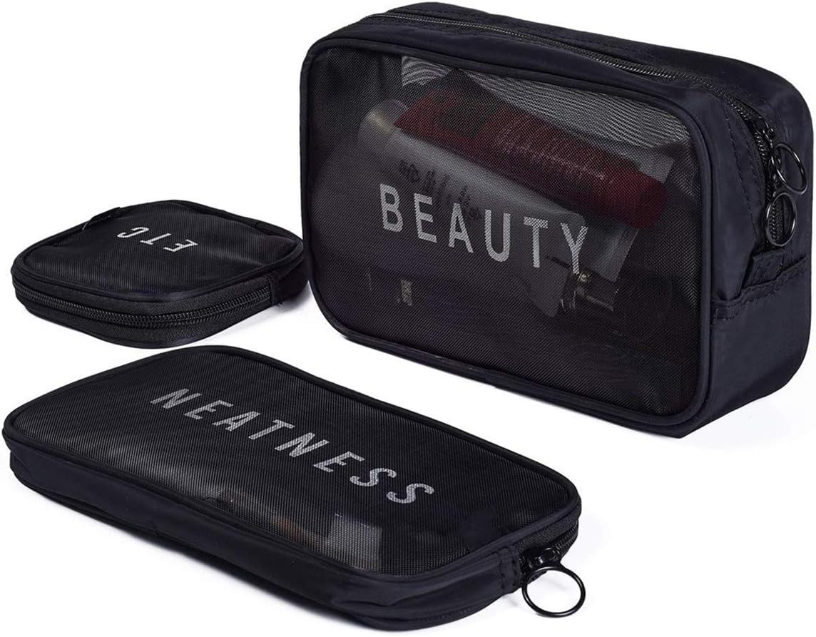 4Tens Mesh Makeup Pouch Set of 3 - Travel Toiletries Organizer & Cosmetic Bags for Women, Portable Waterproof Bathroom Storage Case - Perfect for Gym, Vacation, and Daily Essentials Organization