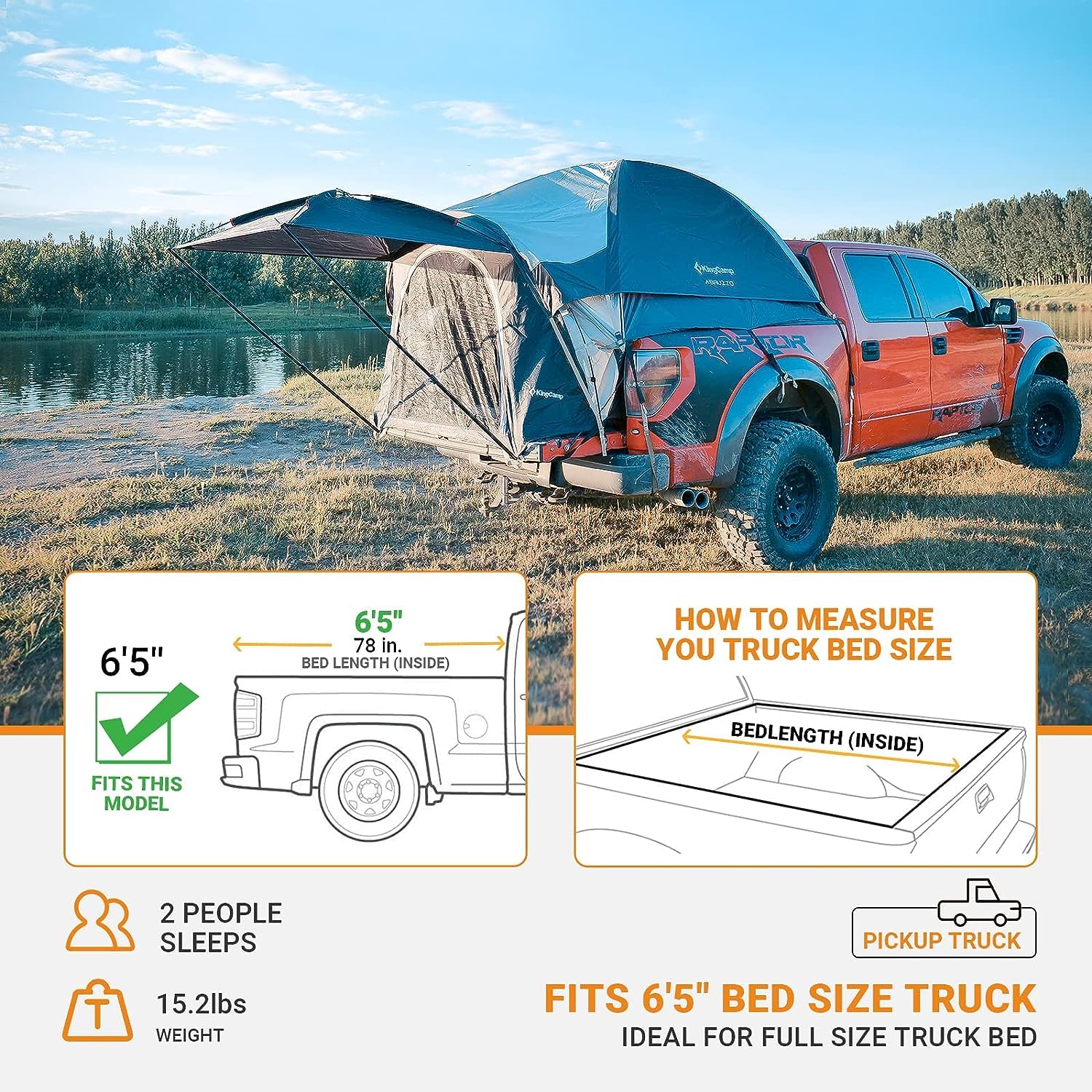 KingCamp 6.5 Foot Truck Bed Tent - Waterproof 2 Person Camping Tent for Pickup Trucks | Portable Outdoor Shelter with Removable 4'x4' Sun Awning | Perfect for Road Trips, Camping Adventures & Tailgating Parties