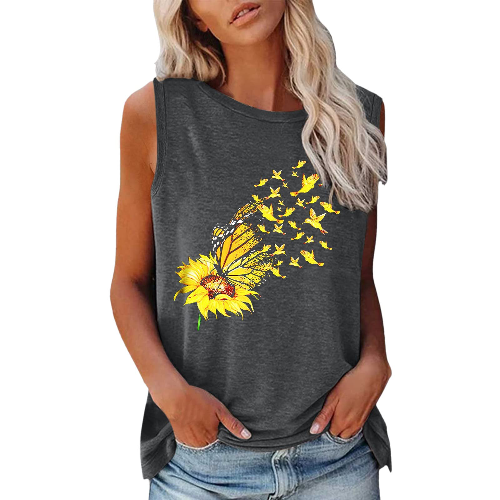 Women's Loose Fit Sleeveless Sunflower Print Tank Top - Summer Casual O-Neck Blouse for Beach, Yoga & Everyday Wear