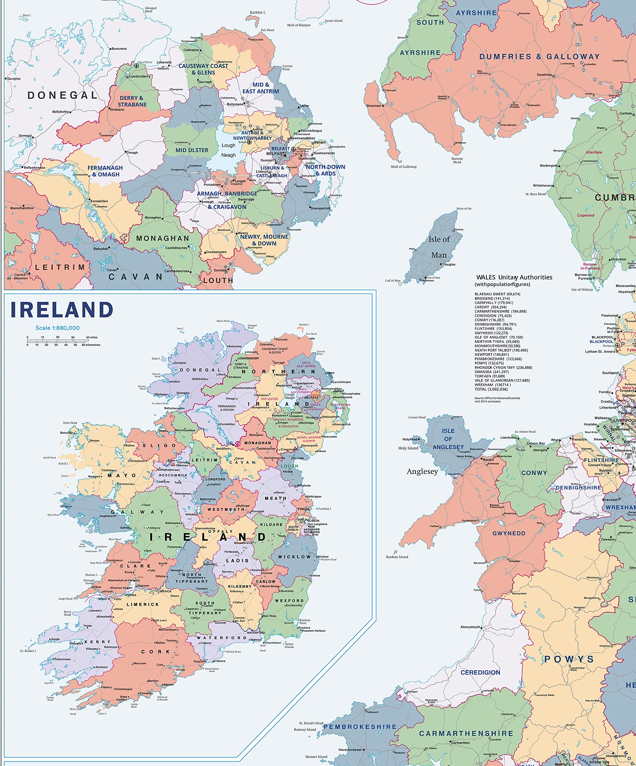 UK Wall Map - Laminated Large Detailed Map of England, Scotland, Wales & Northern Ireland with Counties, Districts & Unitary Authorities | Includes Road Networks, Postcode Areas, London Boroughs & Population Data | Perfect for Home Decor, Classroom Education & Office Planning