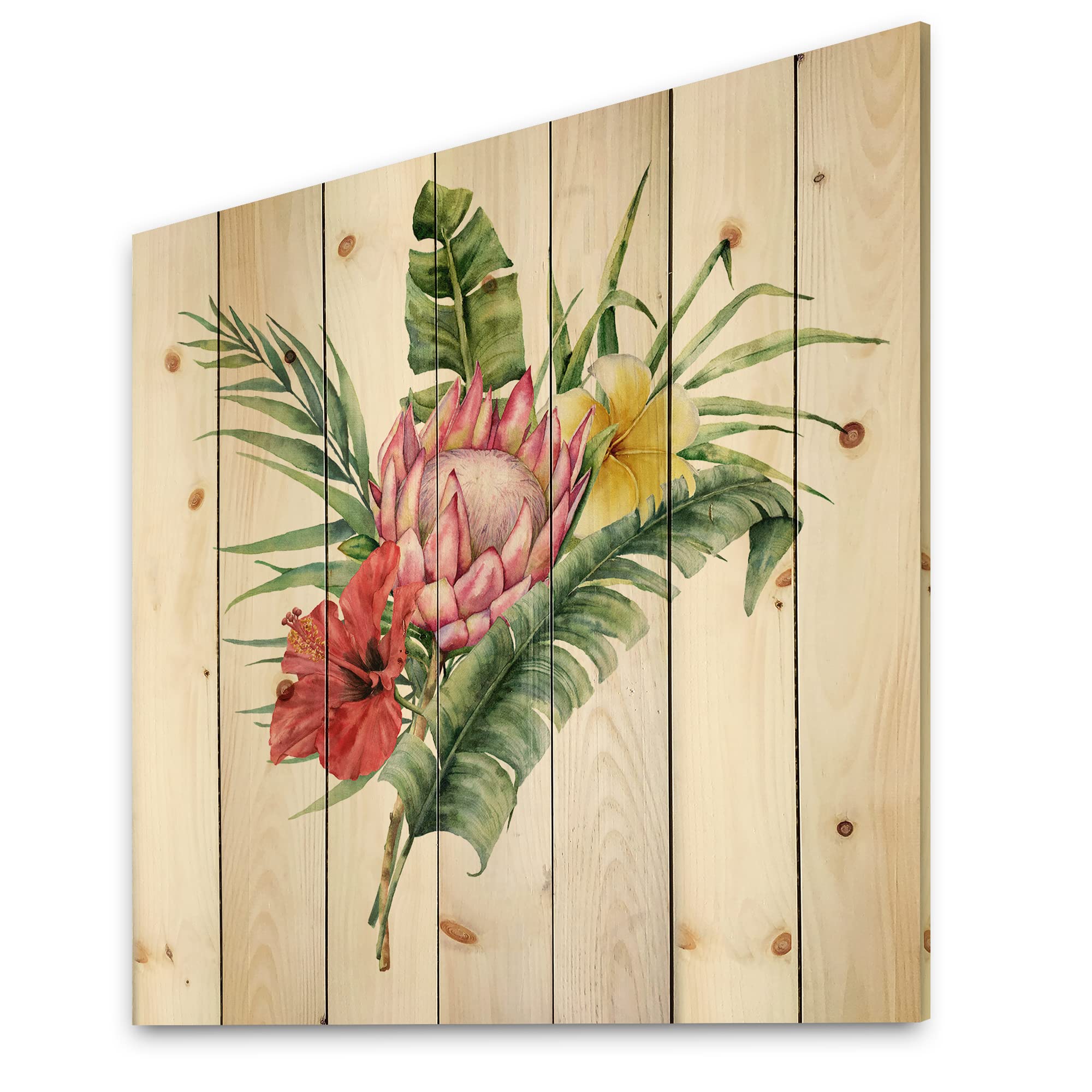 Handmade Protea Hibiscus Plumeria Floral Wood Wall Art - Large Traditional Red Wood Wall Decor with Printed Bouquet Design on Natural Pine - Perfect for Living Room, Bedroom, or Office Decoration