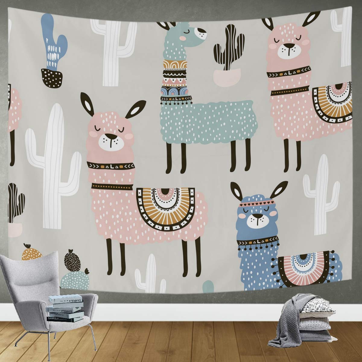 DOMIKING Wall Tapestry - Cute Kawaii Cactus Llama Wall Hanging Decor for Bedroom, Living Room & Dorm (60x51 inches) | Perfect for Boho Home Decor, Teen Room Aesthetic & College Dorm Wall Art