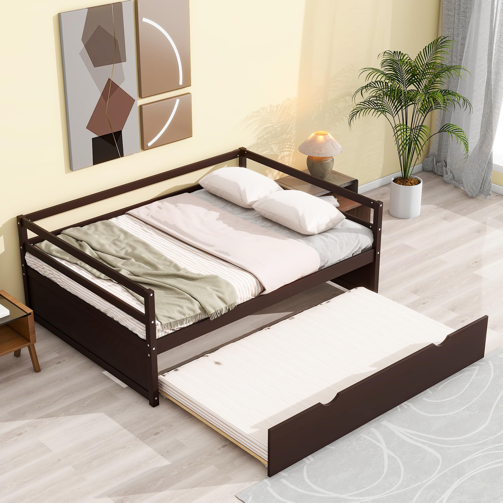 Merax Twin Size Solid Wood Daybed with Trundle - Espresso Captains Bed & Sofa Bed Frame for Guest Room, Dorm, or Small Space Living