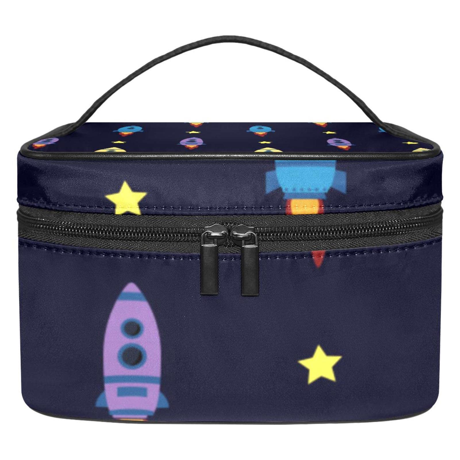 Stylish Travel Makeup Bag with Multiple Compartments - Colorful Spaceship Stars Design Cosmetic Organizer | Large Capacity Toiletry Storage Case with Handle | Perfect for Vacation, Gym & Daily Beauty Essentials