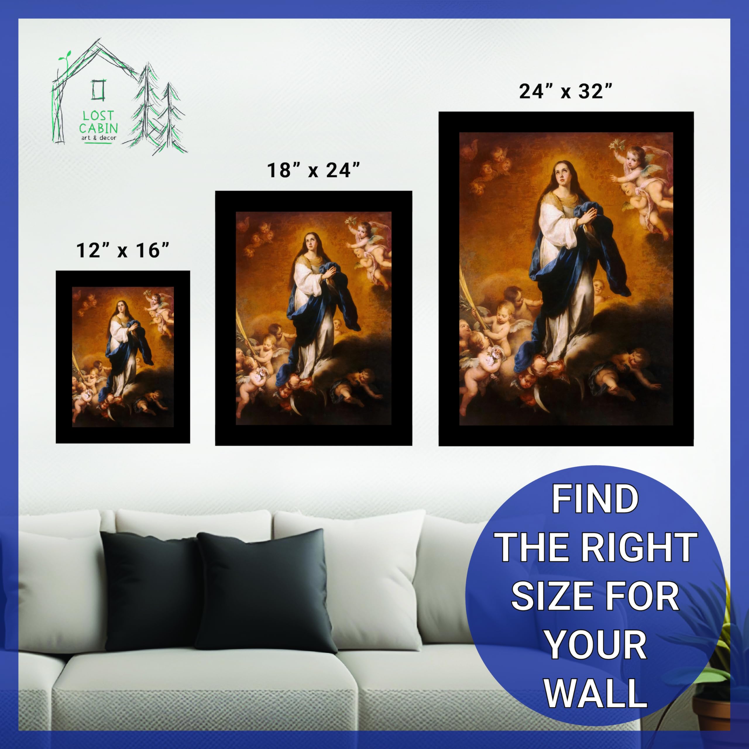Bartolome Murillo The Immaculate Conception Oil Painting Reproduction - 14x20 Matted Print in Black Flat Frame (20.5x26.5) - Fine Art Wall Decor for Living Room, Bedroom & Office