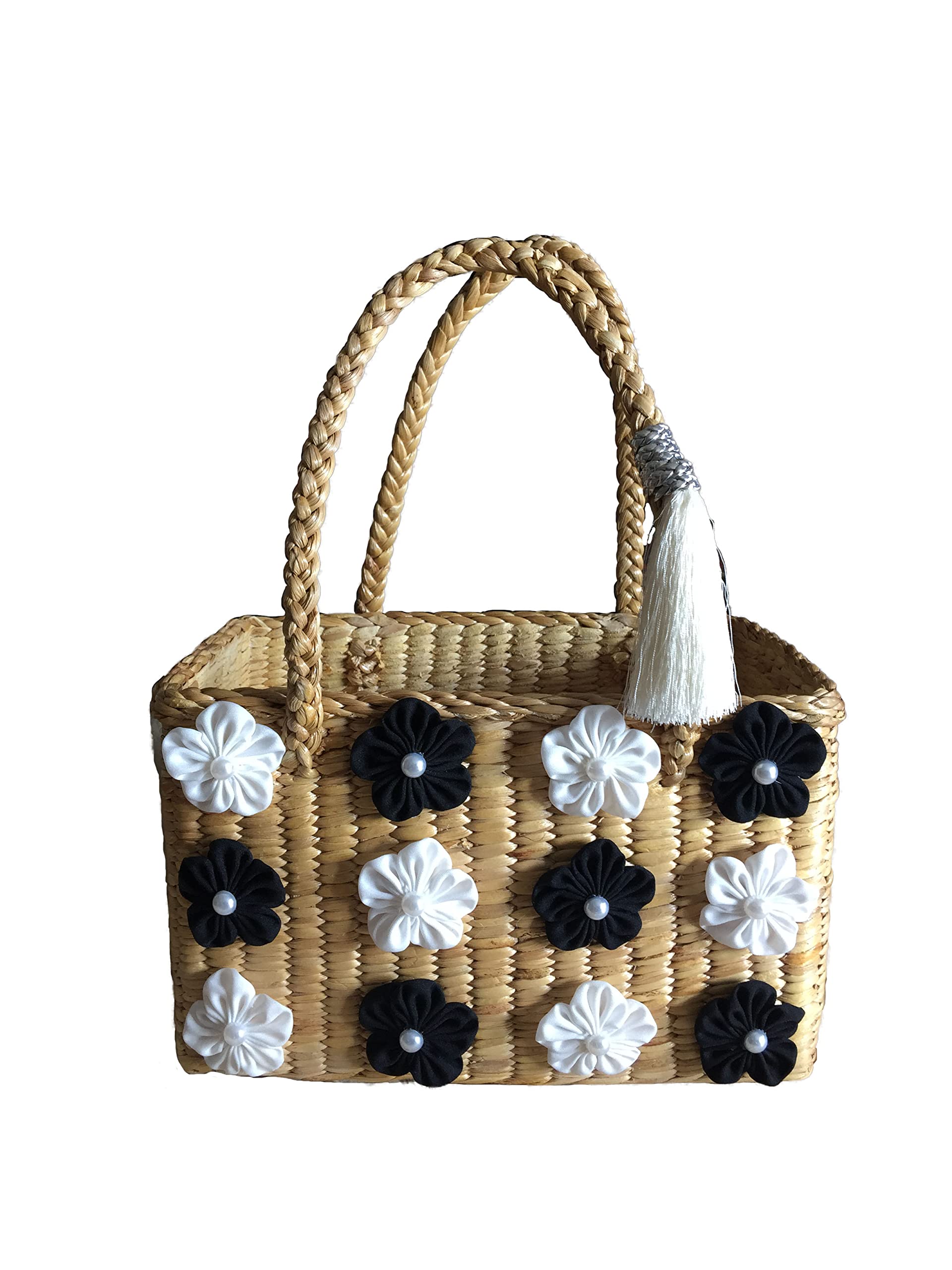 Handwoven Straw Beach Tote Bag with Floral Design - Medium Size Woven Straw Basket for Women - Perfect for Beach, Picnic, Shopping & Farmers Market
