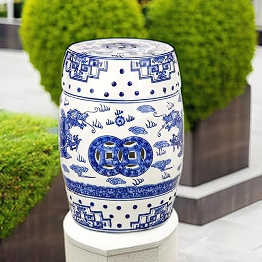 Safavieh Castle Gardens Collection Glazed Ceramic Blue Dragon's Breath Chinoiserie Garden Stool - Handcrafted Asian-Inspired Side Table for Outdoor Patio, Living Room & Home Decor