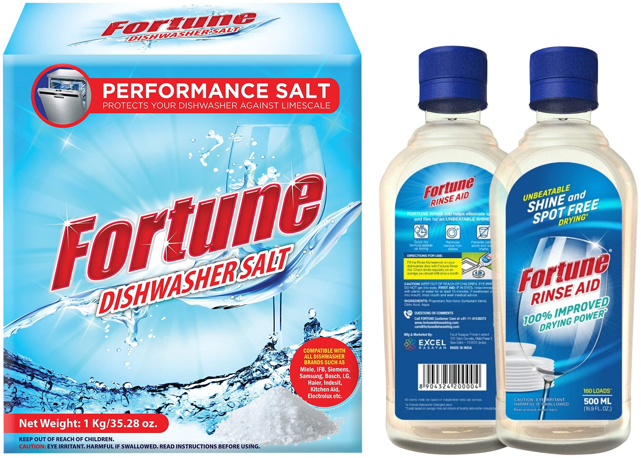 Fortune Dishwasher Rinse Aid & Salt Combo - 6 x 500ml Rinse Aid + 1kg Dishwasher Salt - Universal Fit for All Dishwasher Brands - Keeps Dishes Sparkling Clean & Prevents Limescale Build-Up - Perfect for Daily Dishwashing & Hard Water Areas