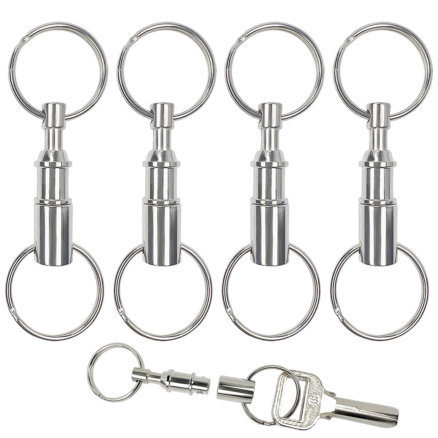 Tenalleys 4 Pack Quick Release Detachable Keychain - Silver Dual Pull Apart Key Rings for Home, Office & Car Keys | Easy Key Organization & Security