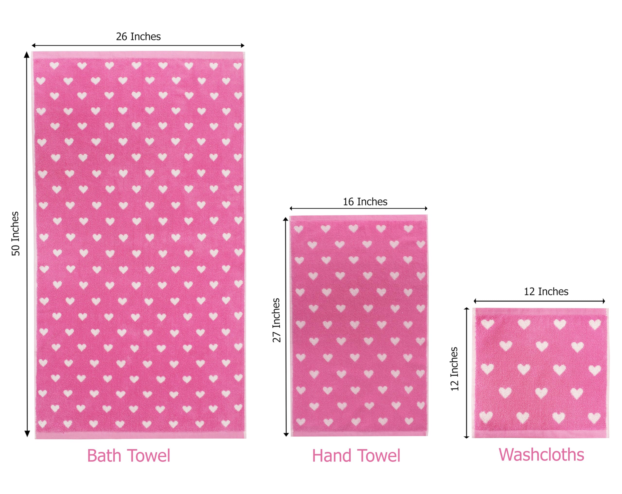 ORIGINAL KIDS 6-Piece Bath Towel Set - 2 Bath Towels, 2 Hand Towels & 2 Washcloths with Bonus Tote Bag - 100% Cotton Jacquard Soft Absorbent Towels for Kids - Pink & White Hearts Design - Perfect for Bath Time, Pool, Beach & Gift Giving