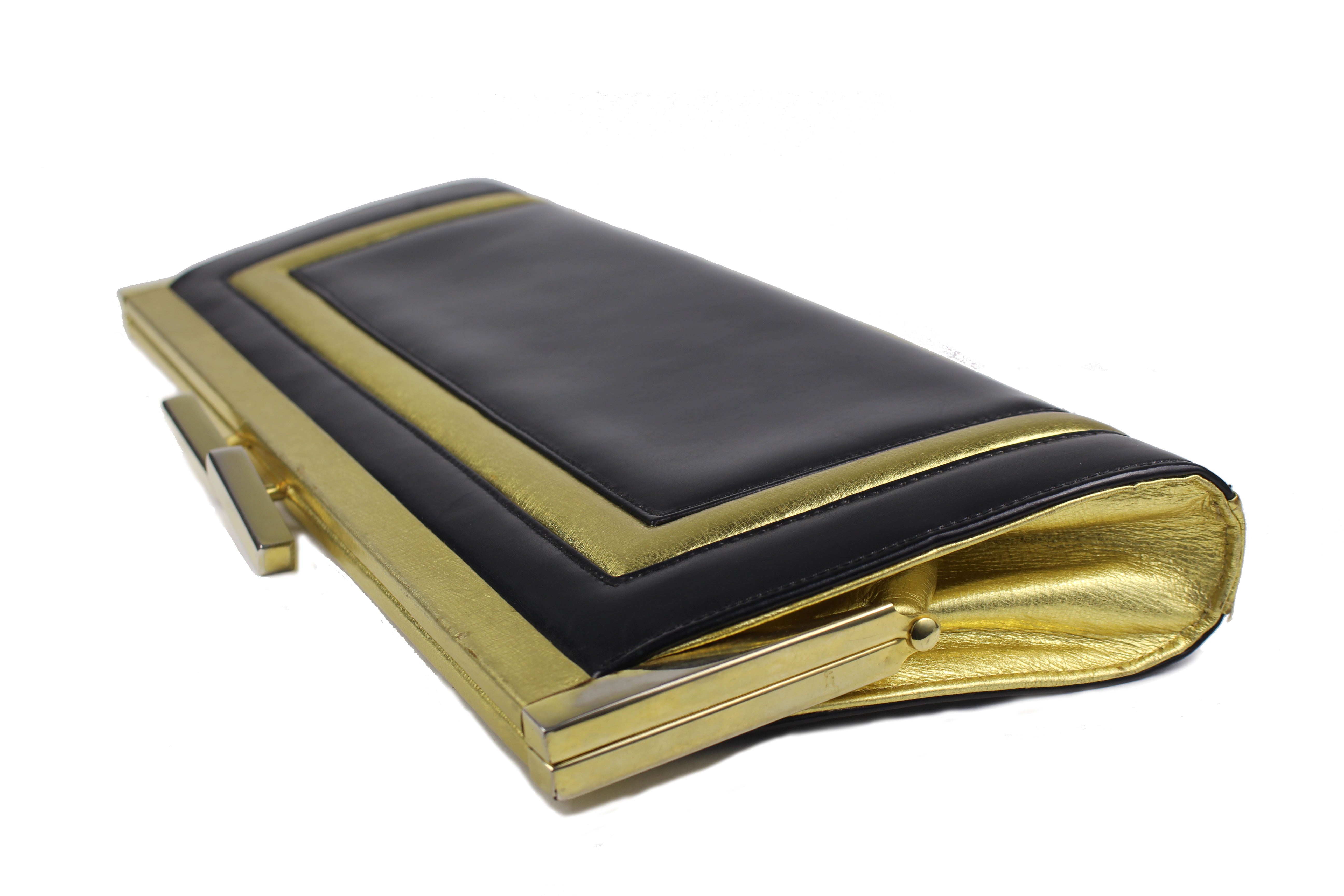 Elegant Black & Gold Leather Elongated Clutch Purse for Women - Perfect for Evening Parties, Weddings & Special Occasions