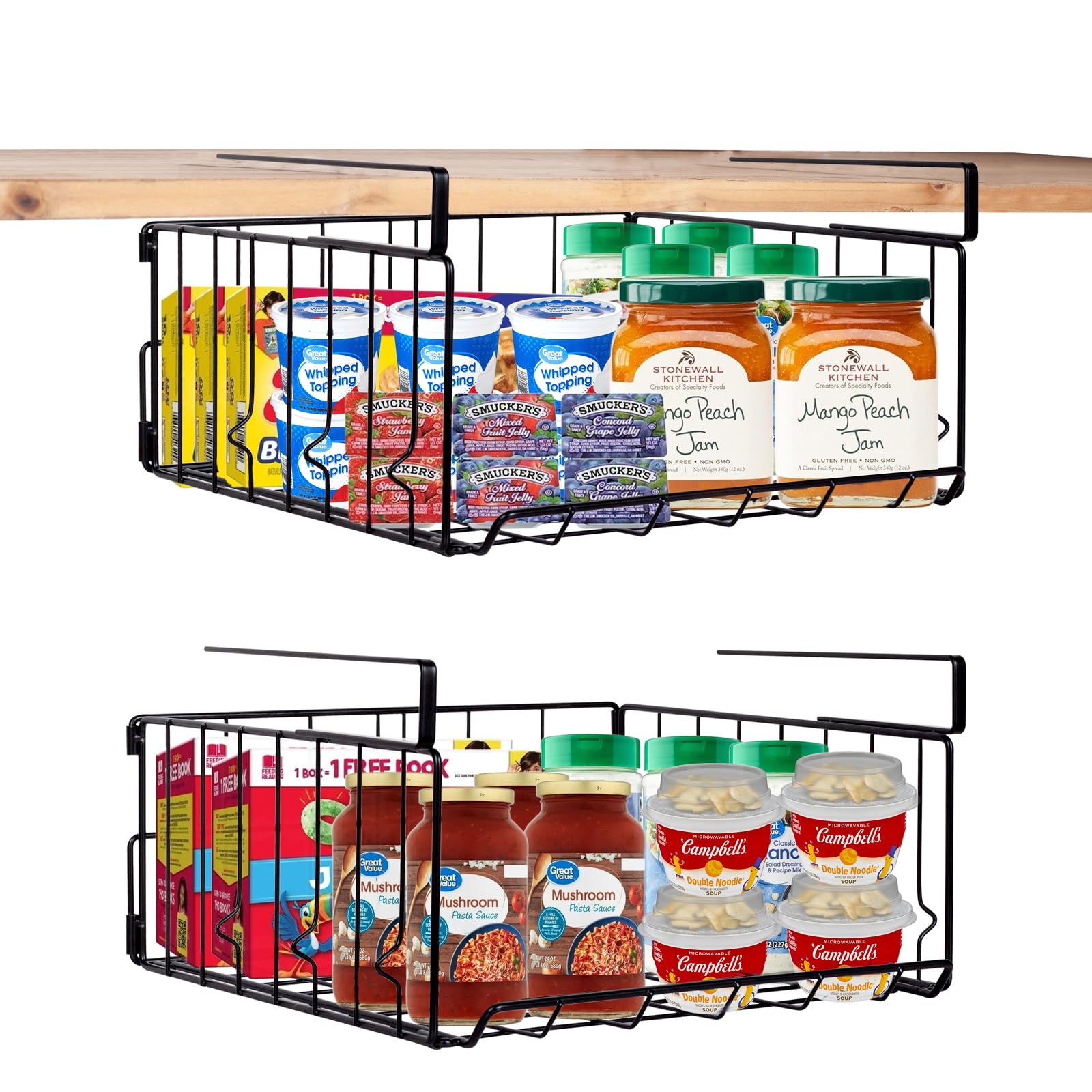 2-Pack Under Shelf Storage Baskets - Heavy Duty Steel Hanging Wire Organizer for Kitchen, Pantry, Laundry Room & Office - Space Saving Solution for Spices, Books & Supplies (Black)